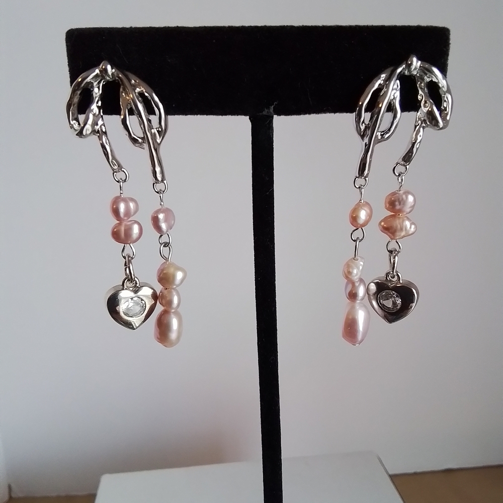 Elegant Silver and Pink Freshwater Pearl Bow Heart Earrings